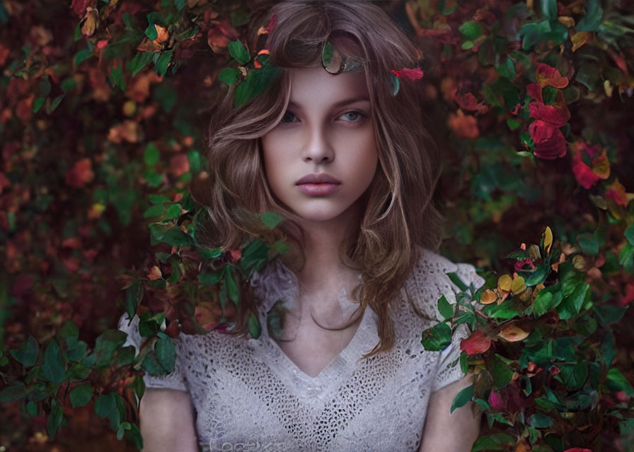 Ethereal young woman with fall foliage crown in colorful setting