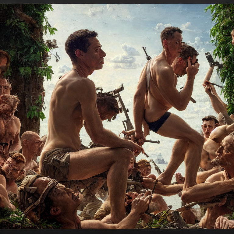 Surreal artwork: Man clones with guns in jungle scenery