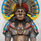 Indigenous person in feathered headdress and body art on circular backdrop
