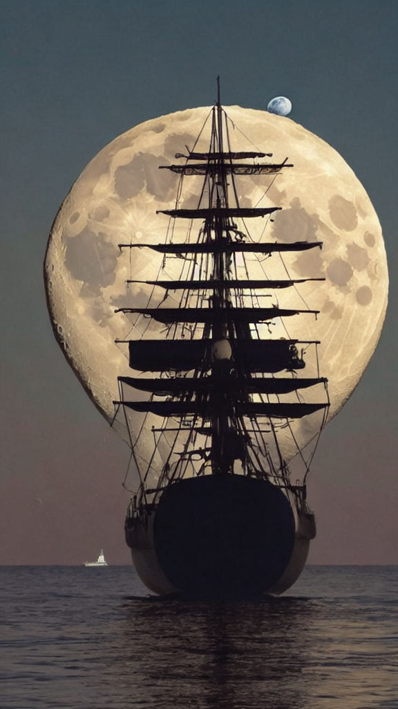 Sailboat silhouette against full moon with second ship in background