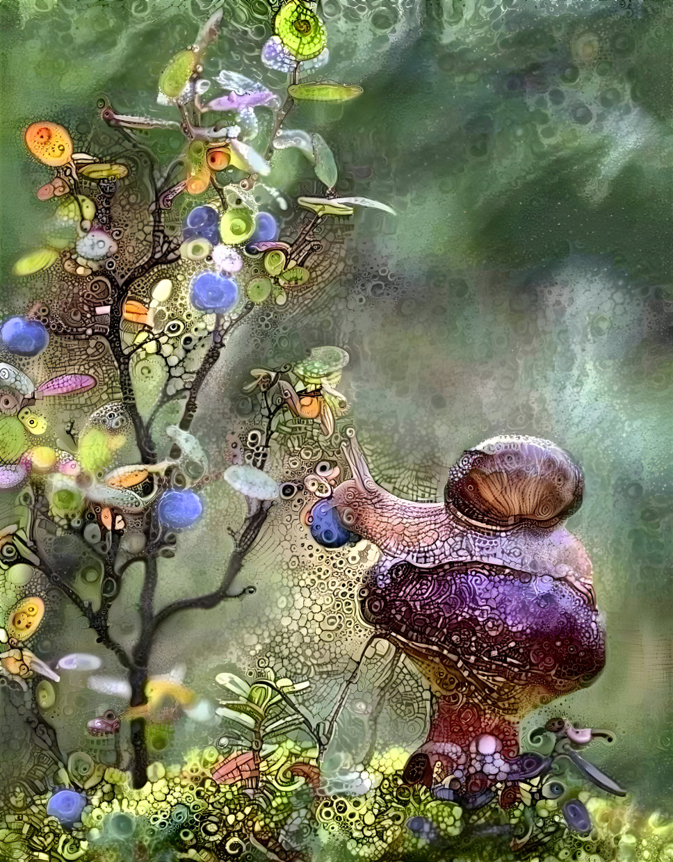 snail, blueberries and a mushroom