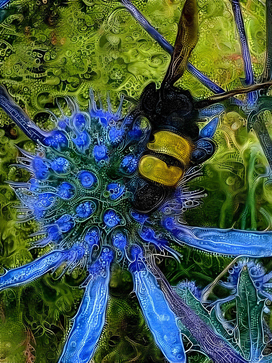 dagger wasp on blue flower