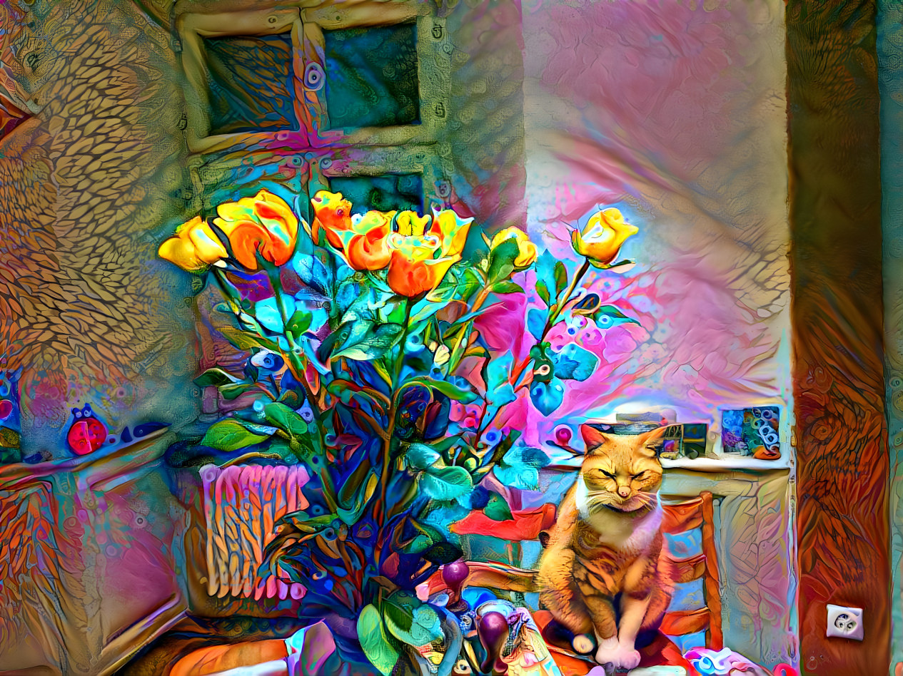 cat and roses 