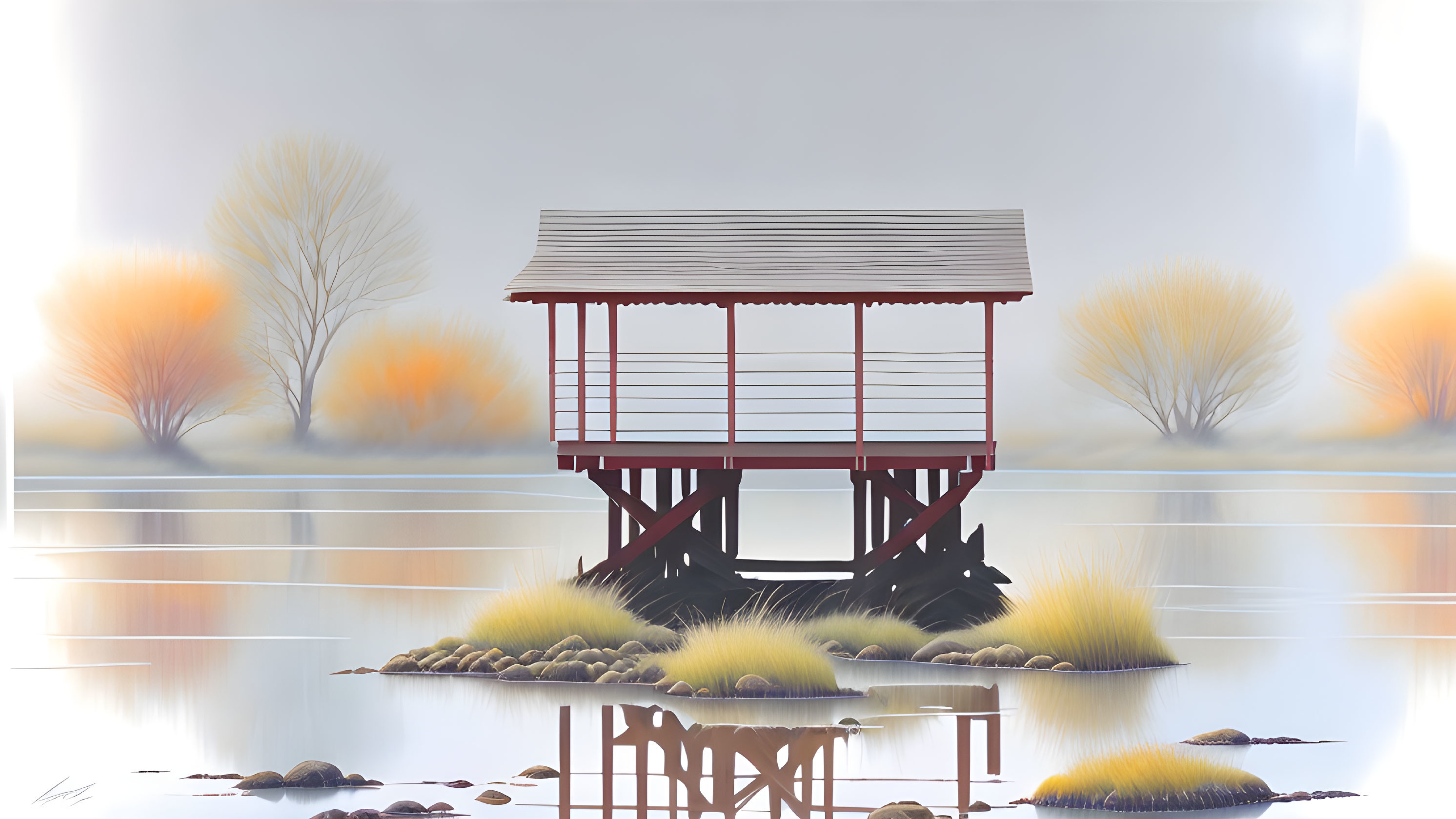 Tranquil lakeside gazebo illustration with autumn scenery