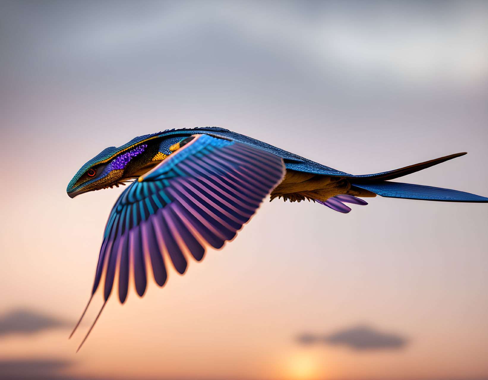 Colorful Bird Flying in Sunset Sky with Blue and Purple Feathers