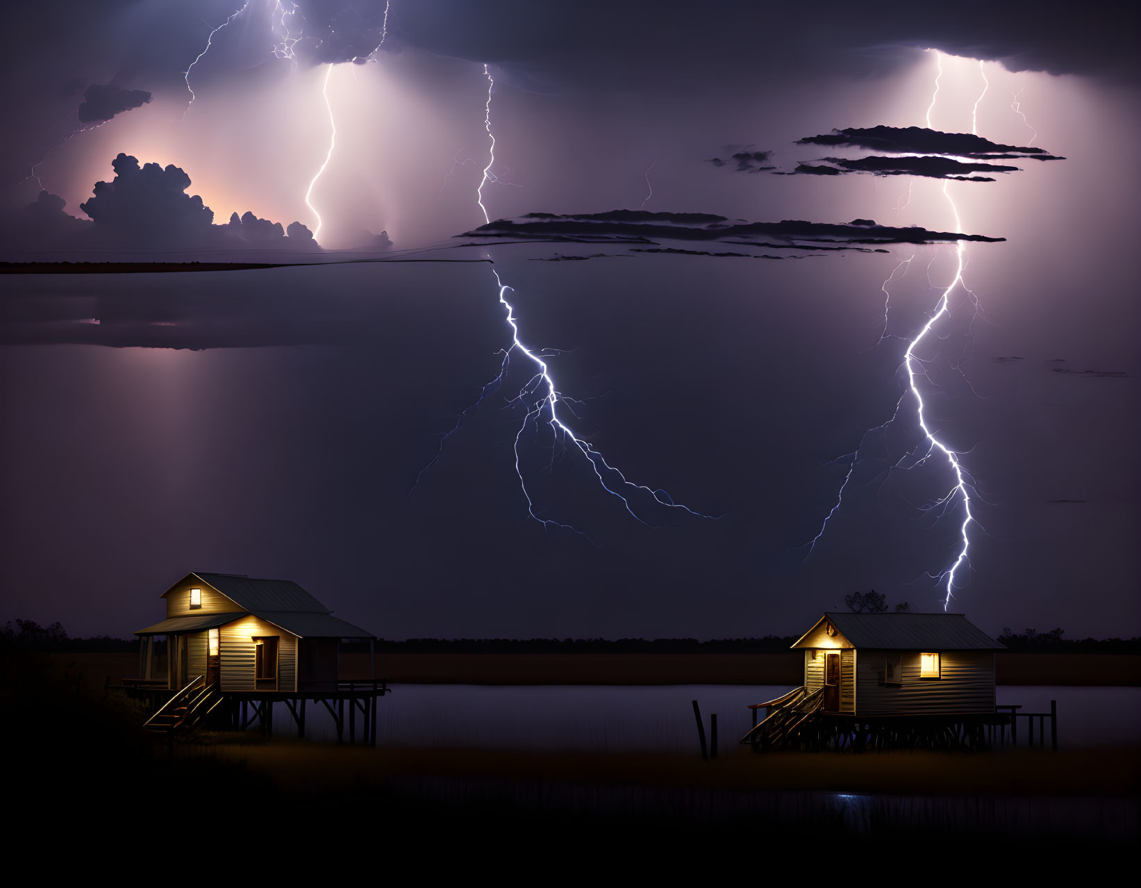 Dramatic night sky with lightning over illuminated stilt houses