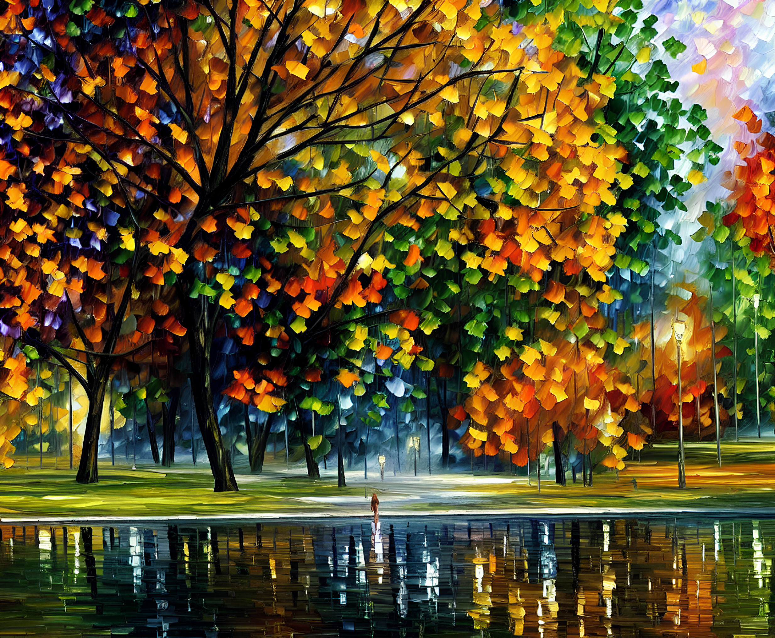Autumn park painting with colorful trees, serene lake, figure, and lamp posts