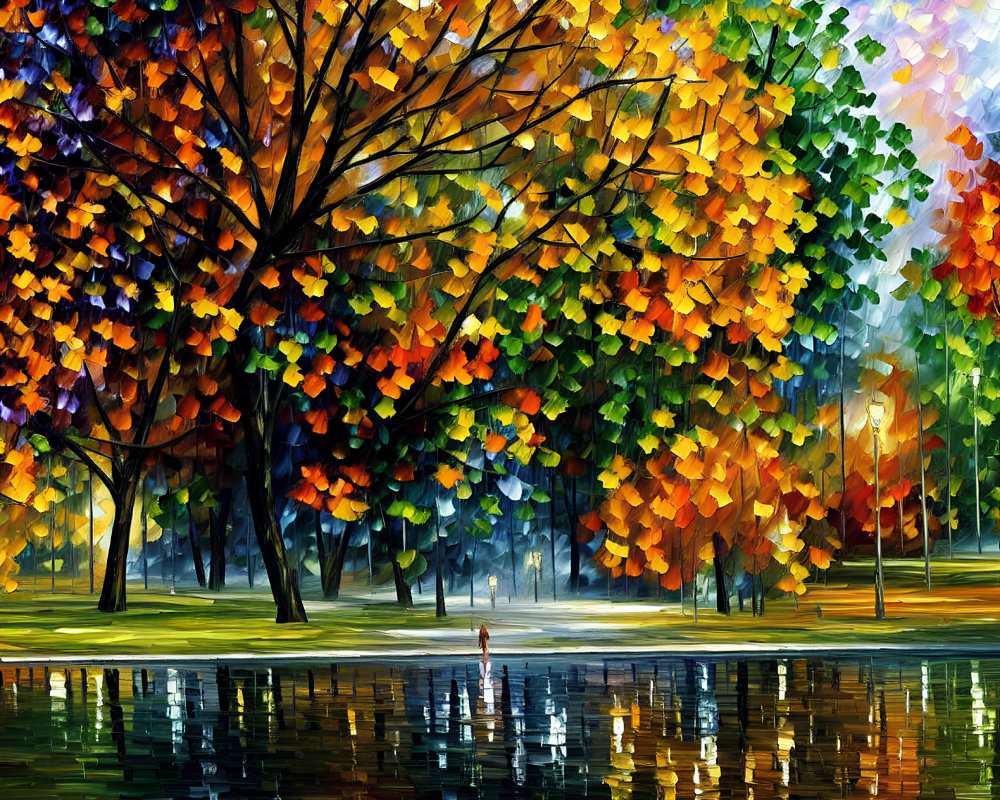 Autumn park painting with colorful trees, serene lake, figure, and lamp posts