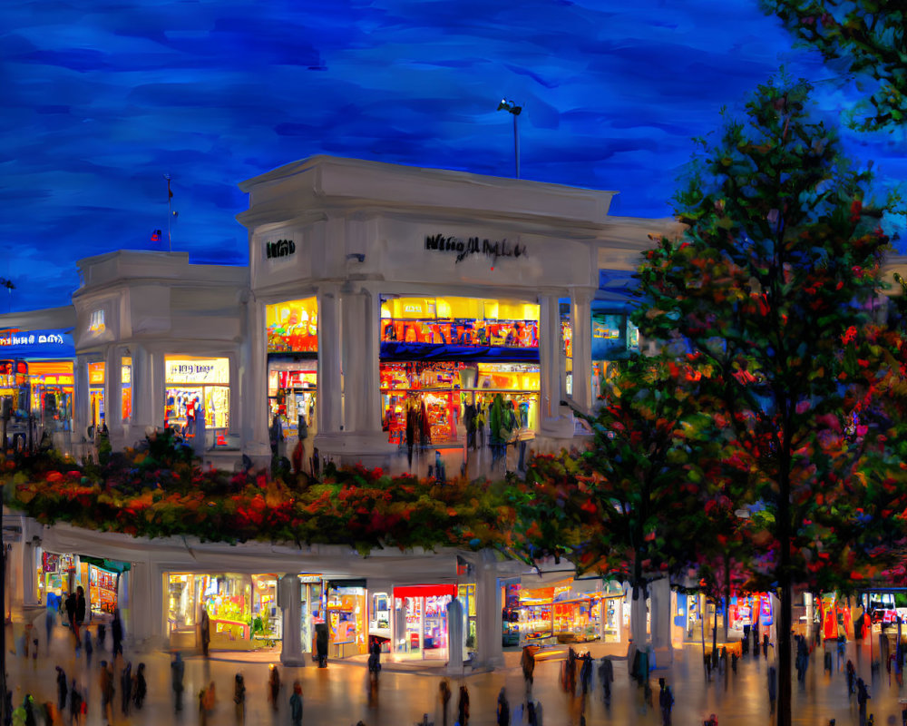 Colorful painting of a busy plaza at twilight with glowing building and blurred figures.
