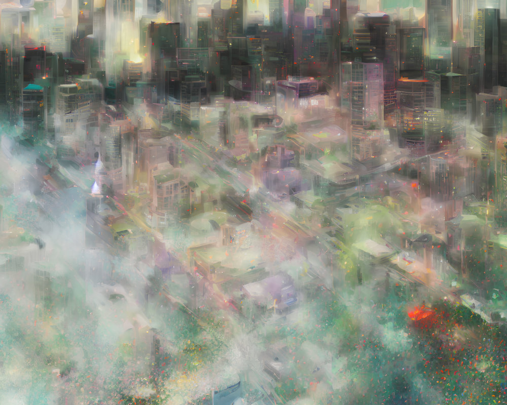 Colorful abstract cityscape painting with blurred strokes depicting urban life.