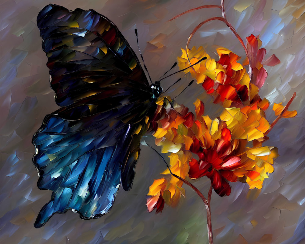 Colorful Butterfly on Abstract Flowers with Brushstroke Background