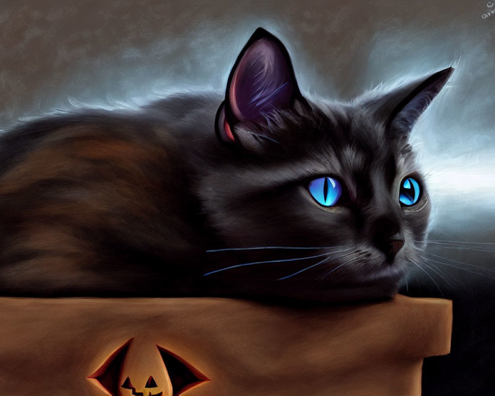 Digital artwork of dark-furred cat with blue eyes and pumpkin, Halloween theme