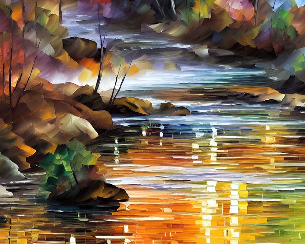 Impressionistic painting of autumn river with vibrant sky