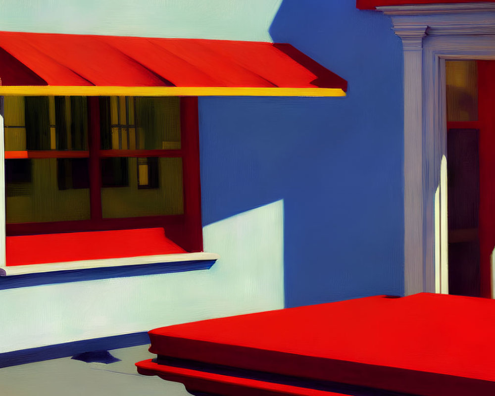 Colorful painting of building corner with red awning, blue walls, and red door.