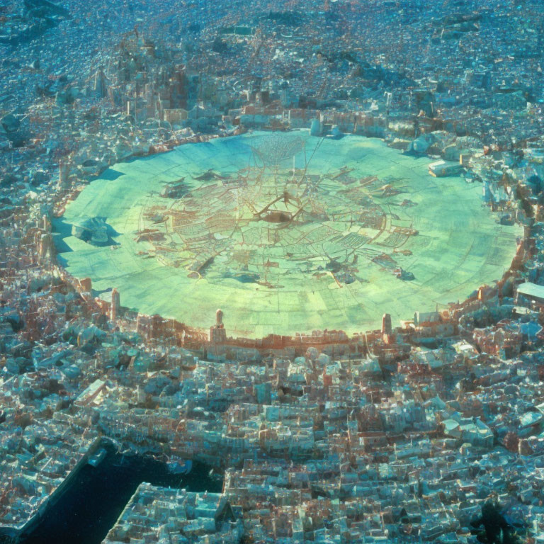Circular holographic map projection of detailed city plan over urban landscape