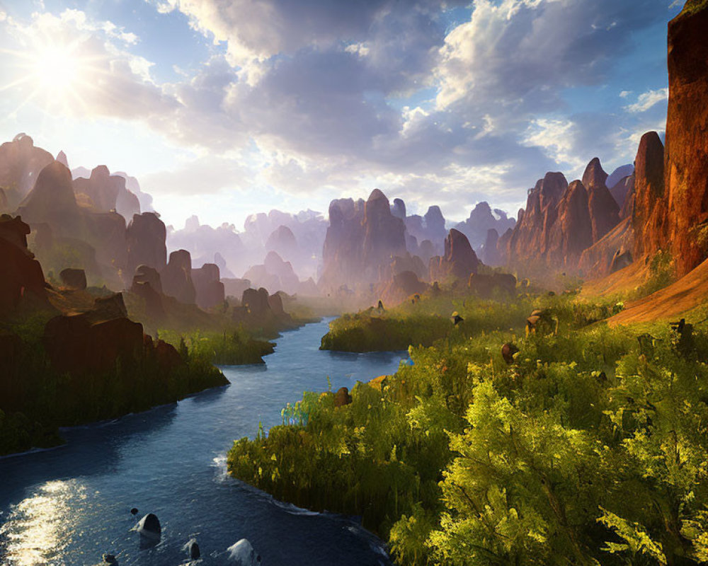 Tranquil river with lush greenery and dramatic rock formations under radiant sun
