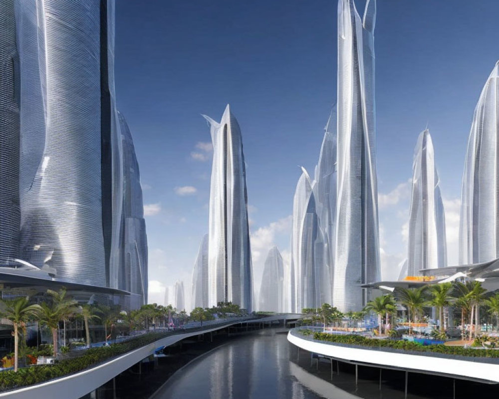 Futuristic cityscape with towering skyscrapers and palm-lined waterway