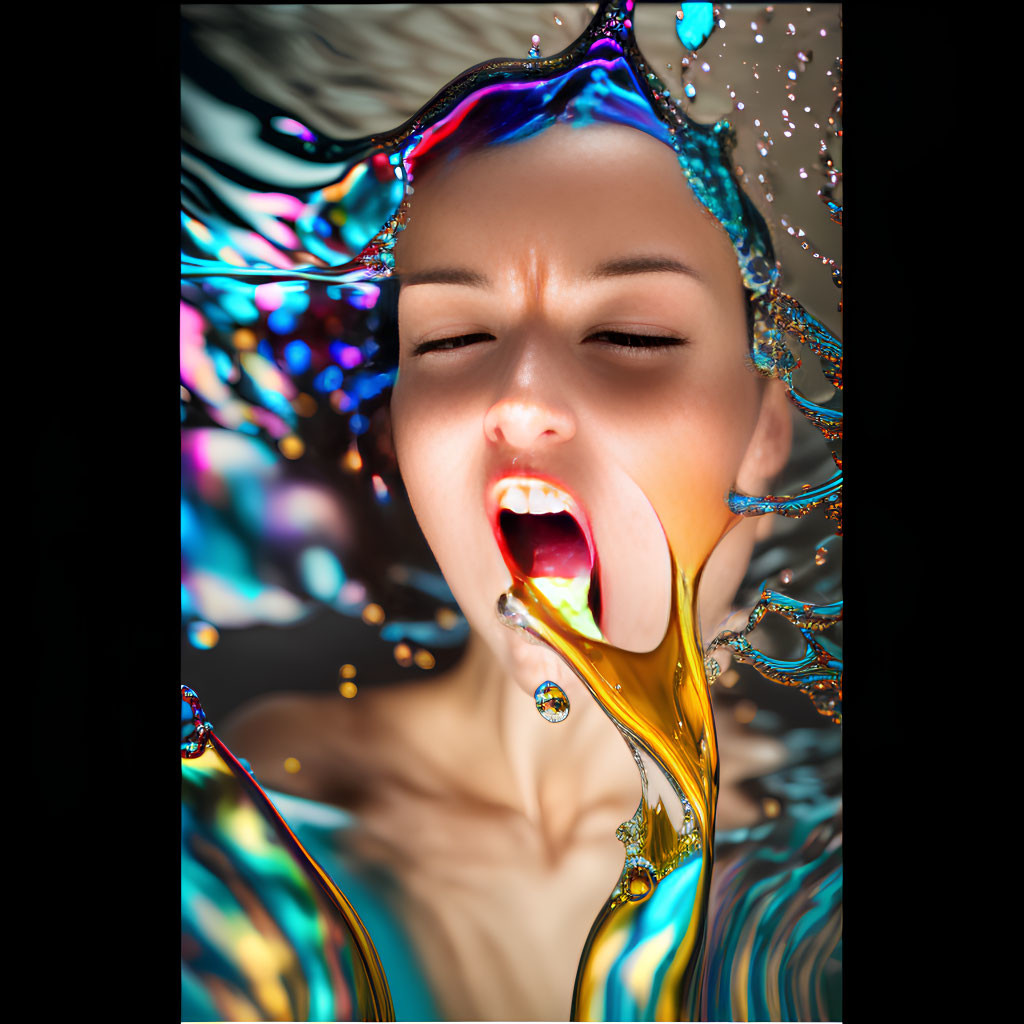 Person surrounded by vibrant liquid colors with eyes closed and mouth open