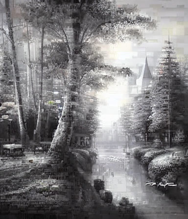 Monochrome painting of serene river scene with trees and mist