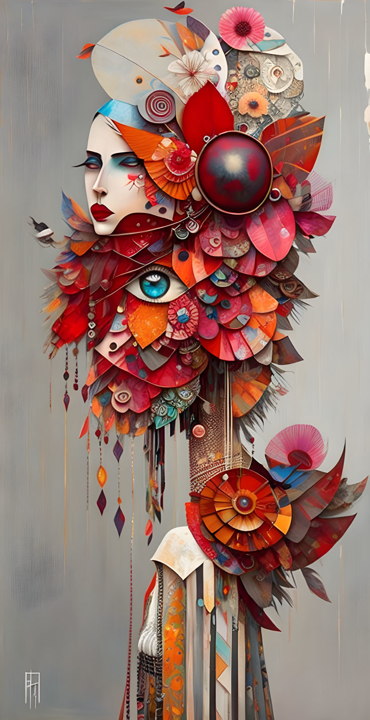 Colorful surreal artwork: Stylized female figure with vibrant headdress on soft grey backdrop