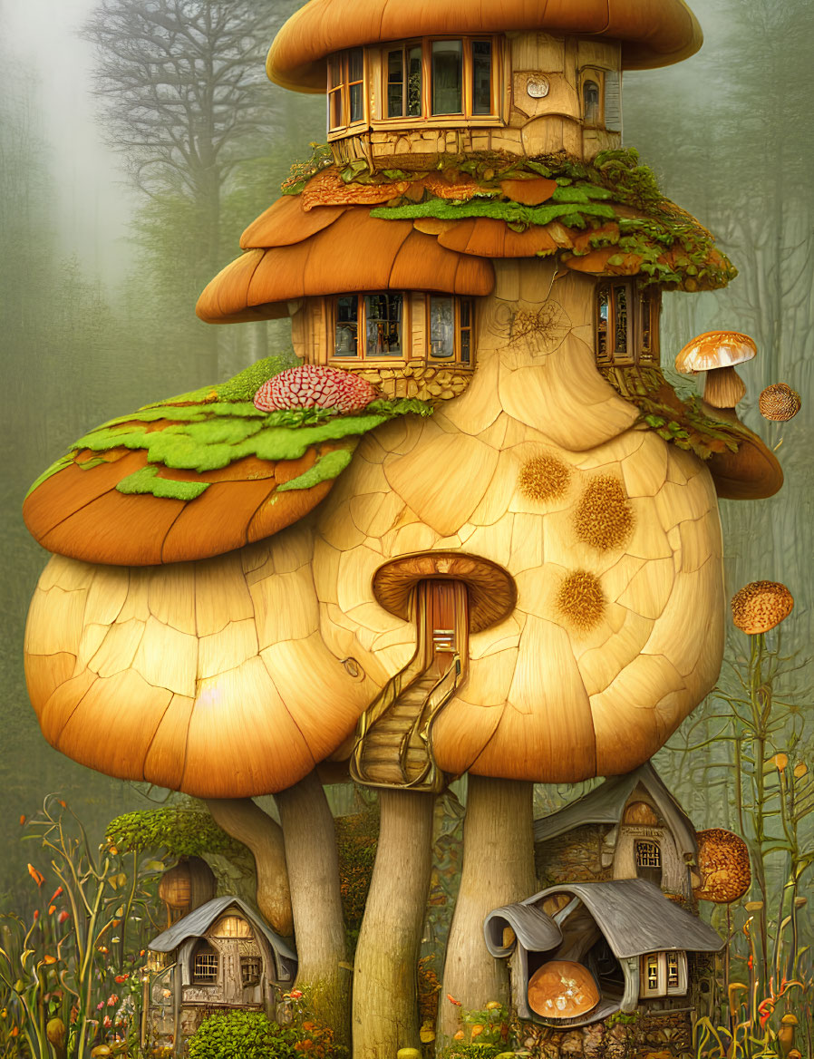 Whimsical mushroom house in foggy forest landscape