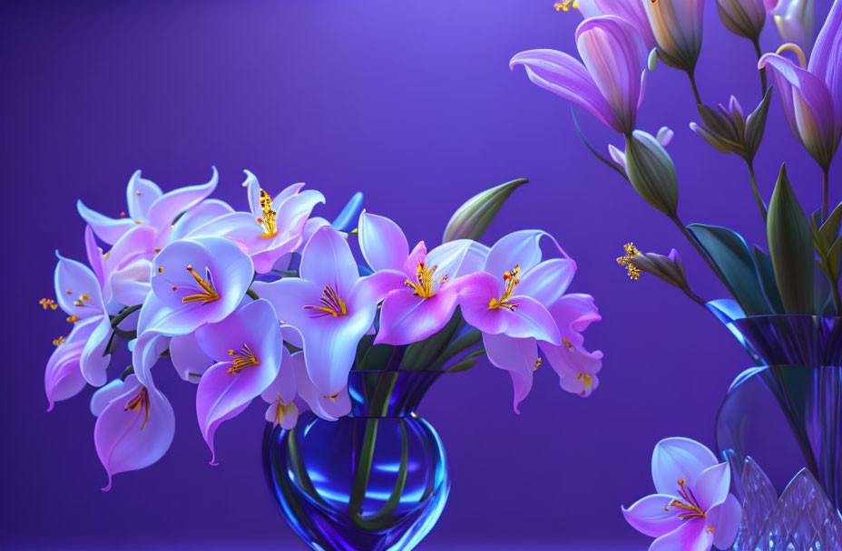 Colorful digital artwork: Purple and white orchids in blue vase on purple backdrop