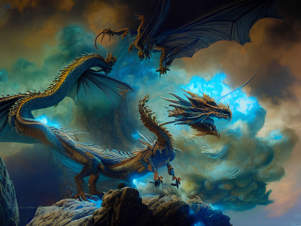 Shimmering dragons on rocky outcrops under dramatic sky