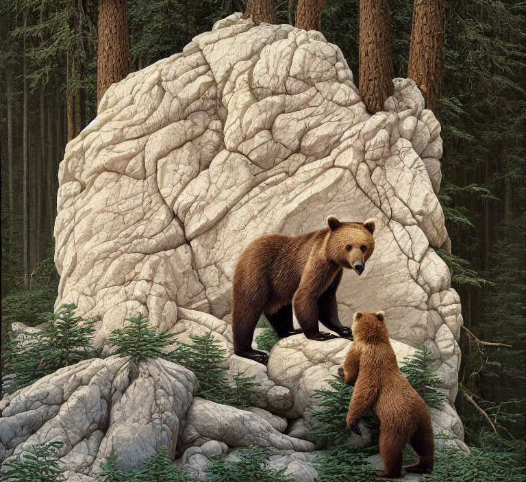 Brown bear and cub near textured rock in pine forest