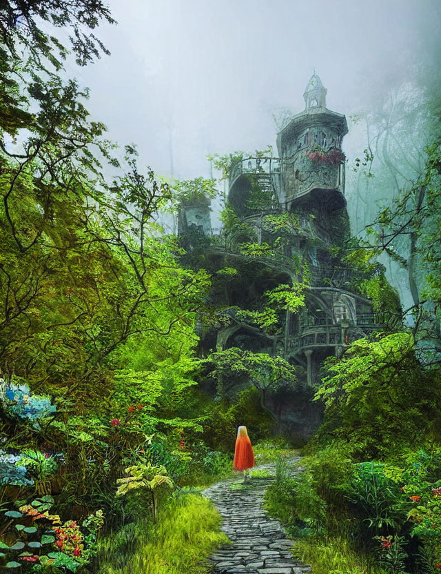 Person in Orange Cloak Walking Towards Ancient Overgrown Tower in Misty Green Forest
