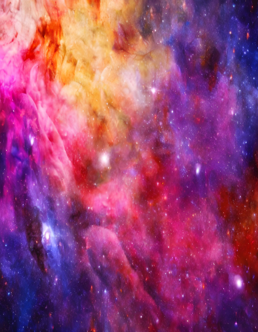 Colorful cosmic image with purple, blue, red, and yellow hues depicting a nebula or galaxy