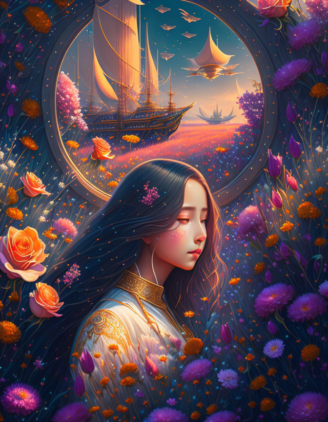 Dark-haired woman surrounded by vibrant flowers and whimsical sky ships.