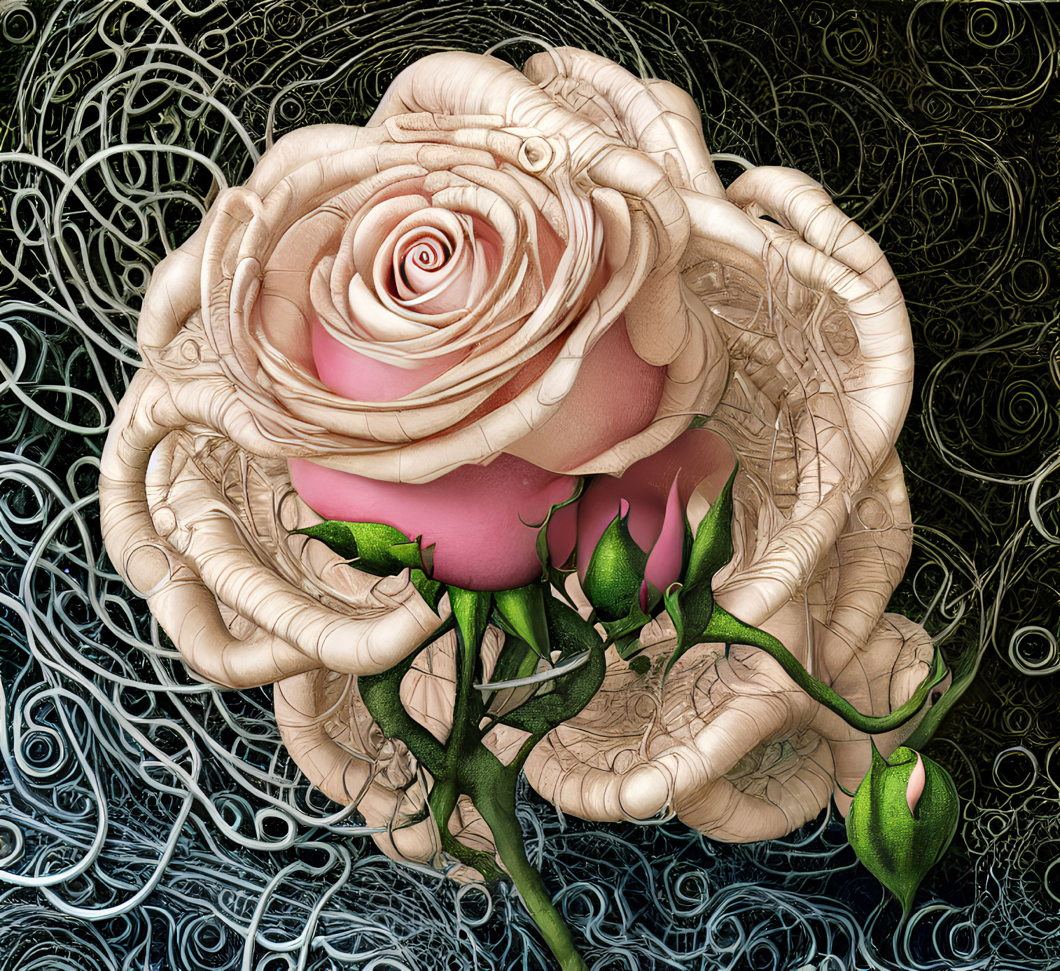 Surreal beige rose on swirling black and white background