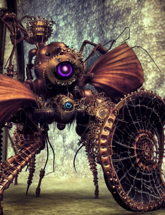 Mechanical steampunk creature with gears, metallic body, blue and purple eyes, butterfly wings on