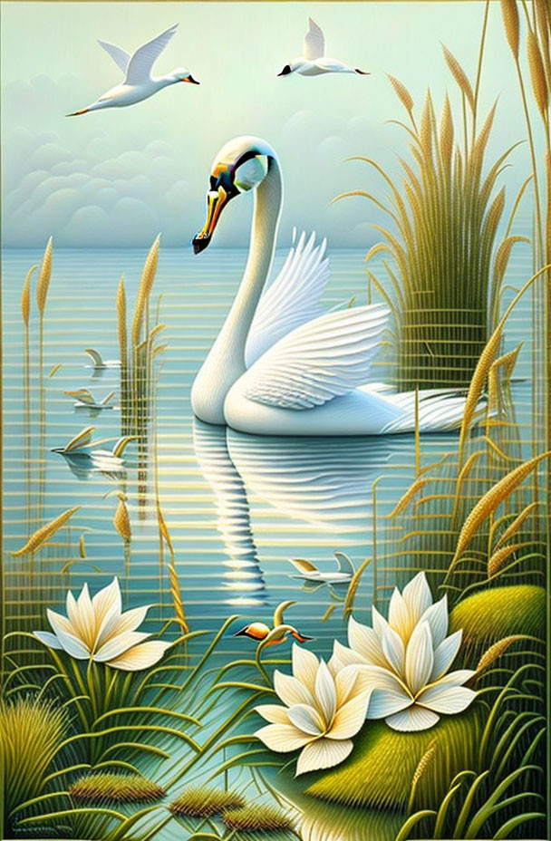 Graceful swan amidst white flowers, reeds, and flying birds on blue backdrop