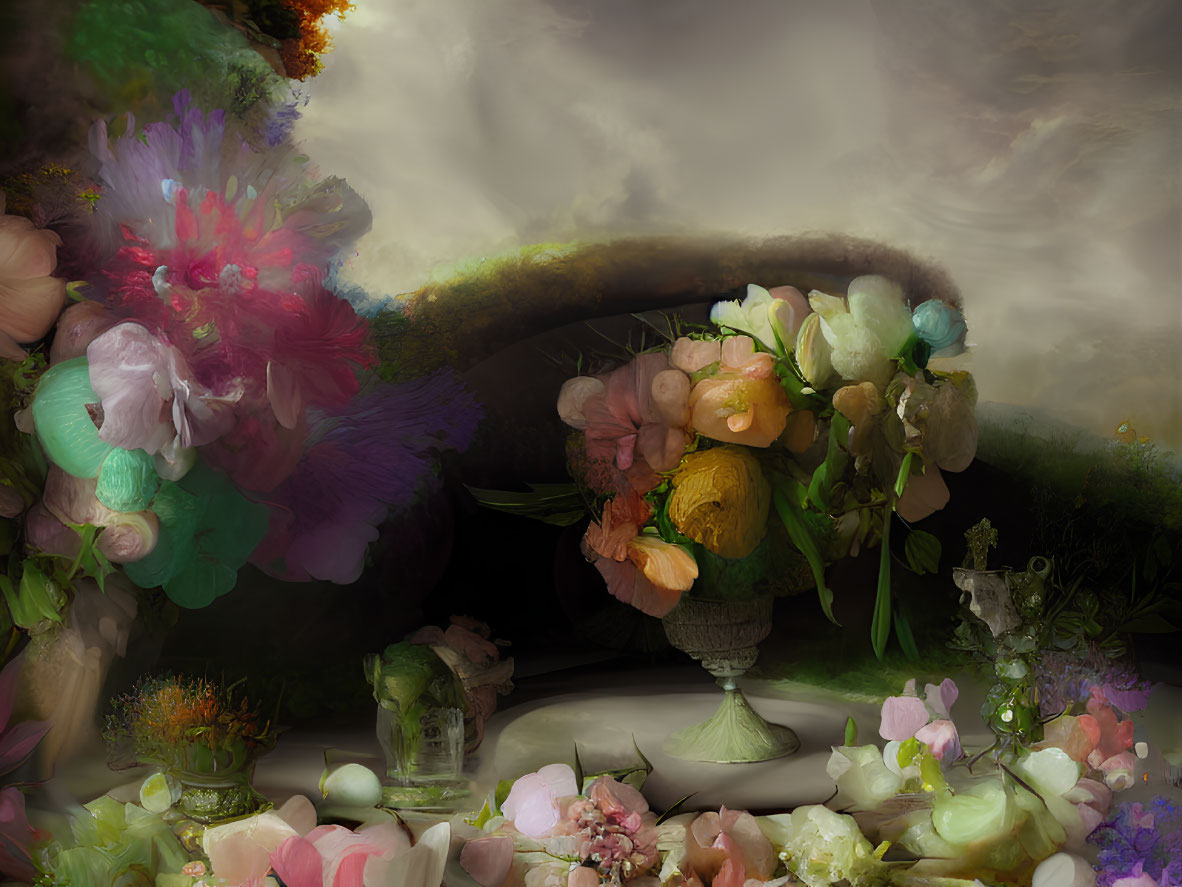 Vibrant flowers in vessels under moody sky - Surreal still-life.