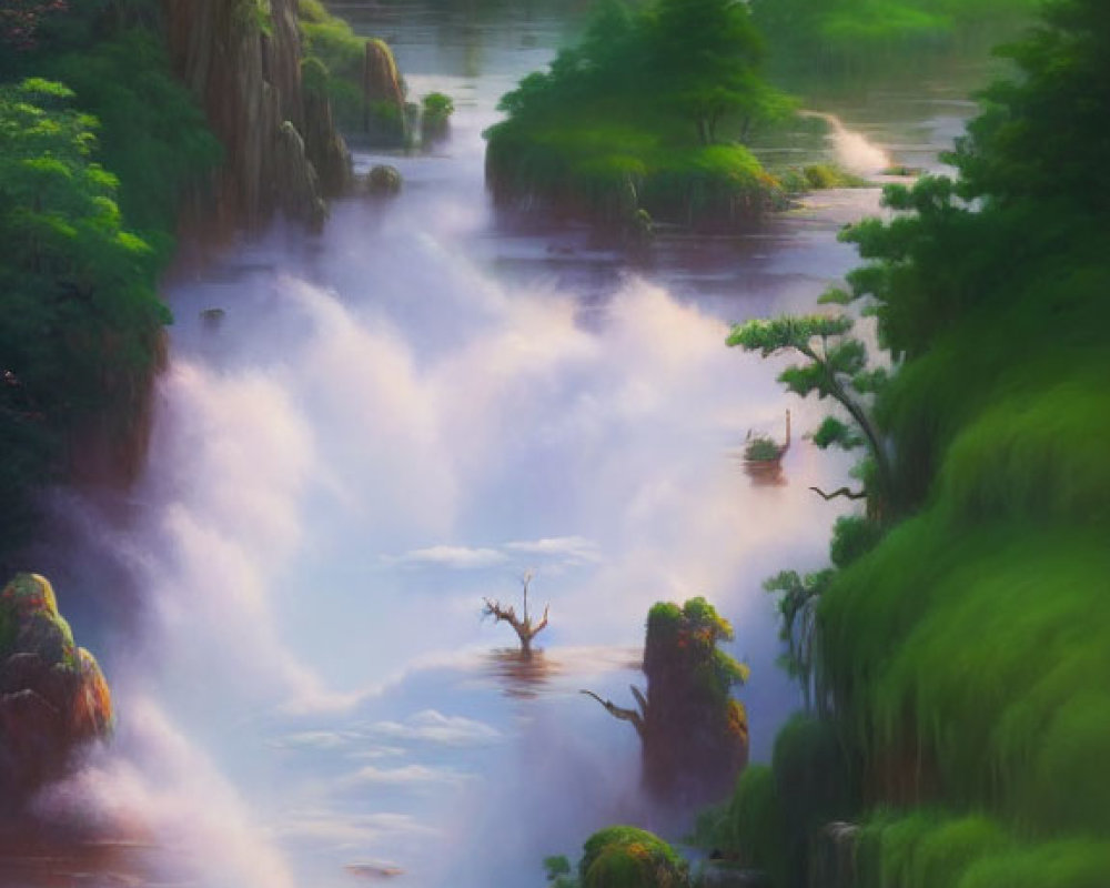 Tranquil river in lush, misty landscape with vibrant green vegetation