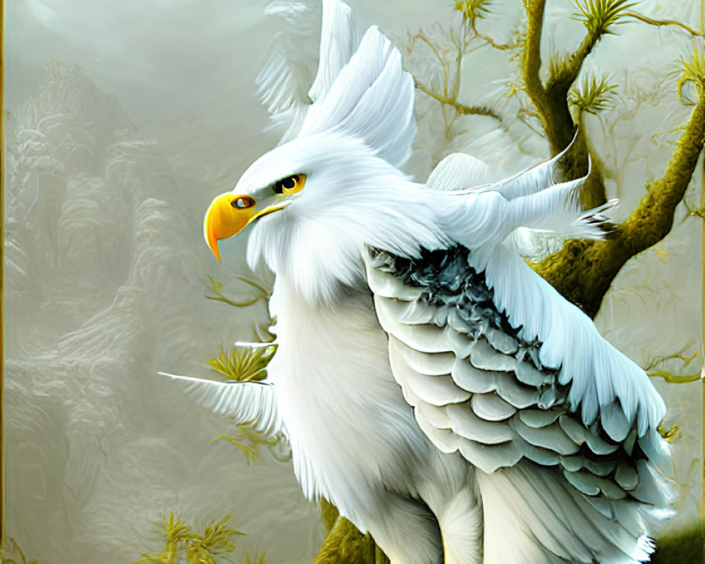 White eagle perched on forest outcrop amidst misty mountains
