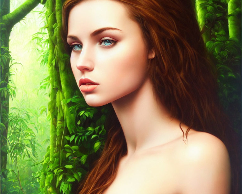 Woman with Long Red Hair and Blue Eyes in Forest Setting