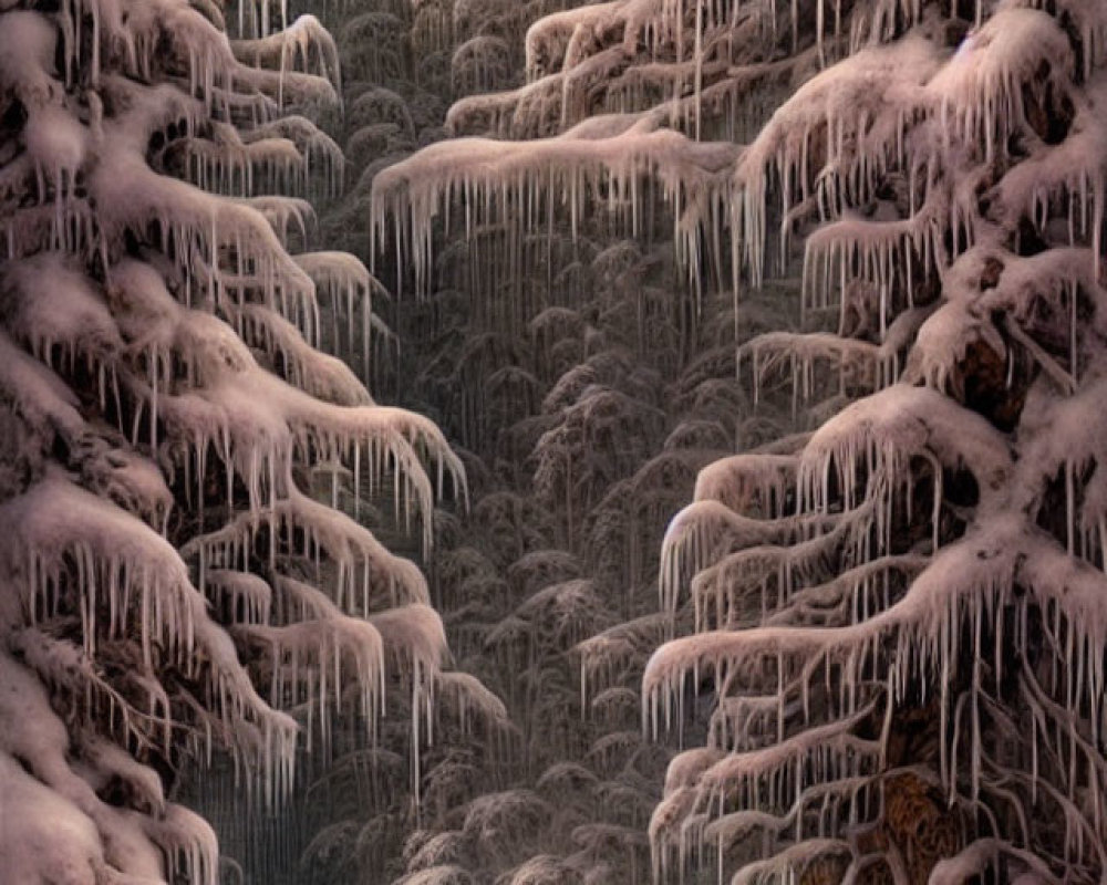 Snow-covered forest with icicles and frozen lake in soft light