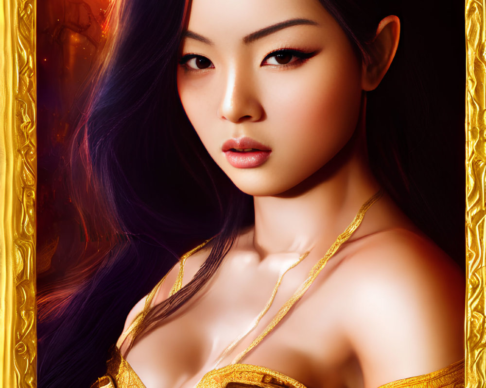 East Asian Woman in Gold Armor with Dark Hair on Fiery Background