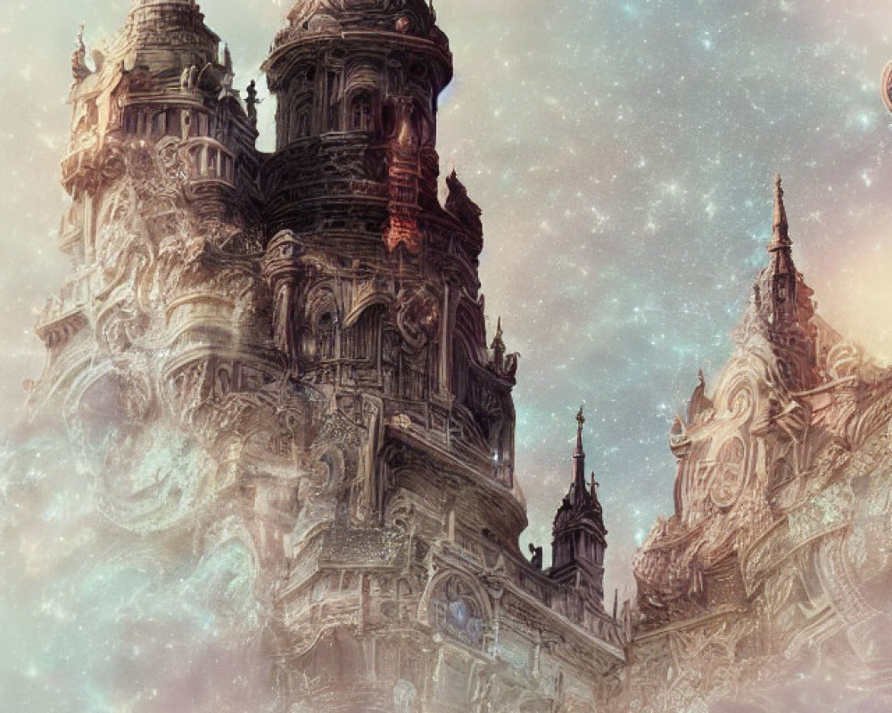 Celestial castle in dreamy sky with nebulous clouds and distant planets