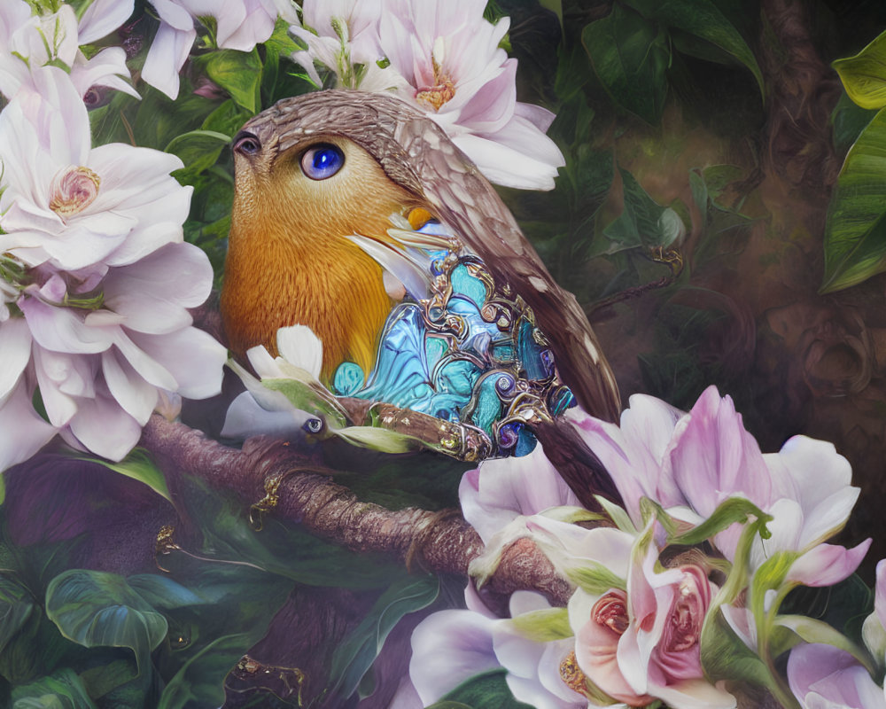 Fantastical bird with human-like eyes perched among white flowers and metallic feathers