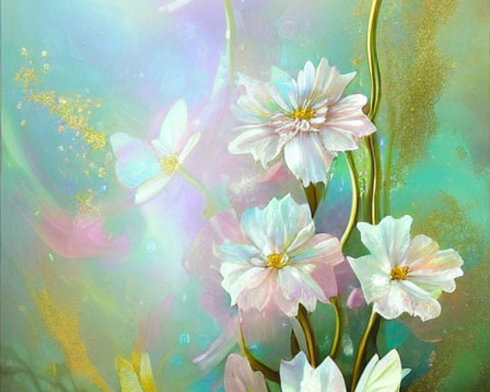 Delicate white flowers painting with pink and blue hints on ethereal green and golden background