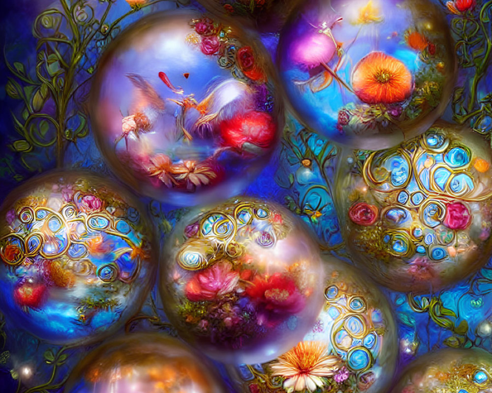 Colorful floral orbs on luminous backdrop with ornate designs