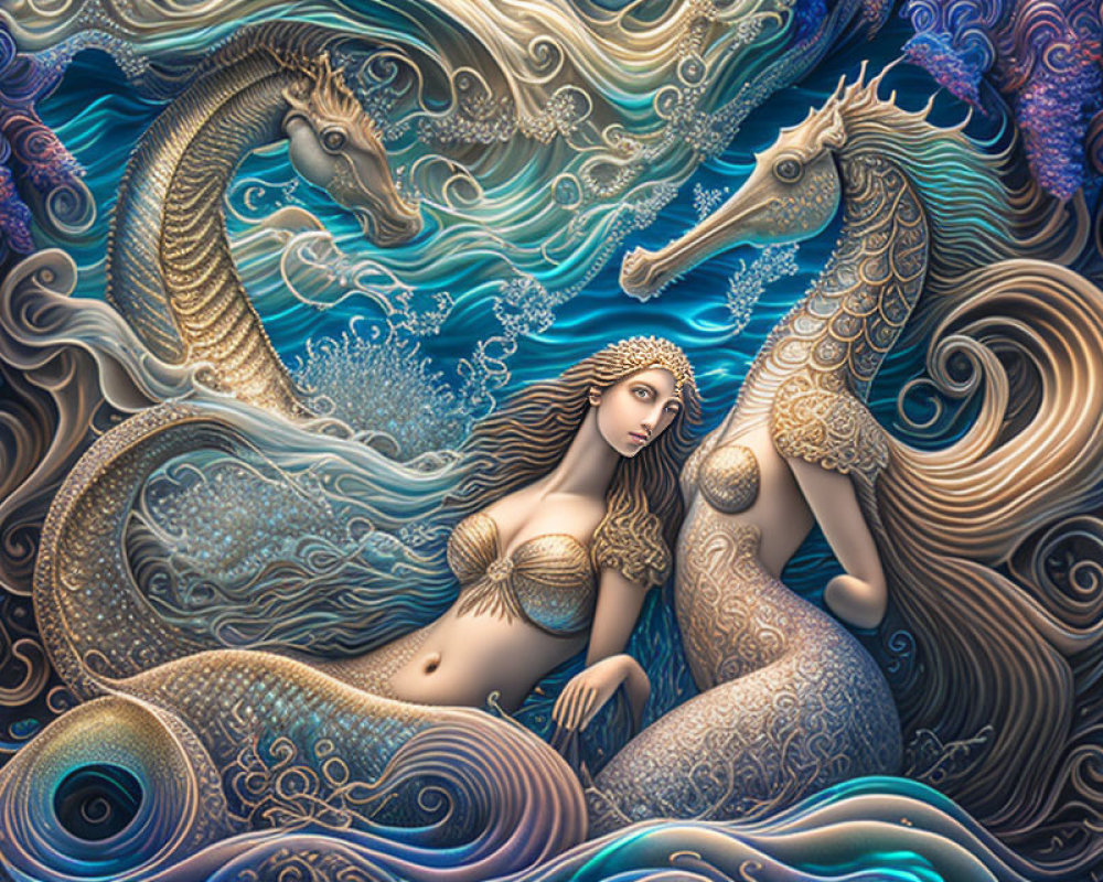 Surreal mermaid illustration with seahorses in ornate sea setting