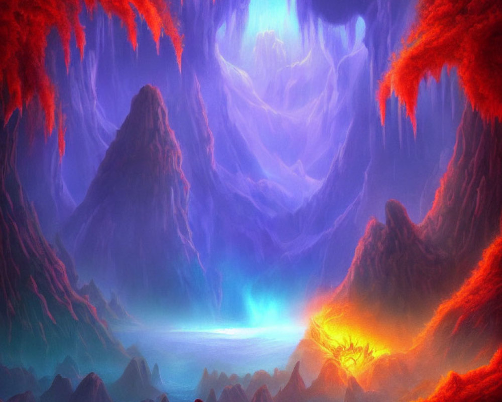 Fantasy landscape with red and purple hues, central luminescent lake, ominous mountains.
