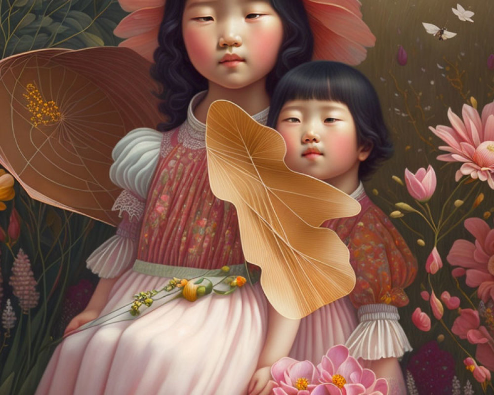 Children with flowers and butterflies in stylized painting.