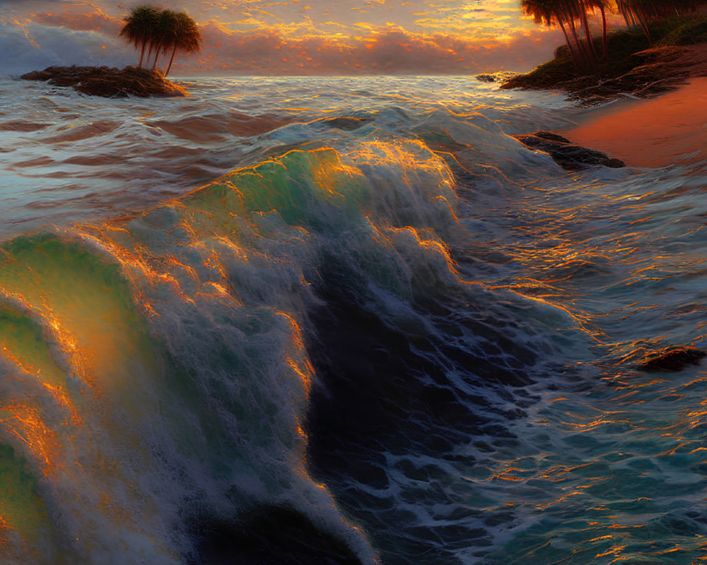 Sunset beach scene: waves, vibrant sky, palm tree silhouettes