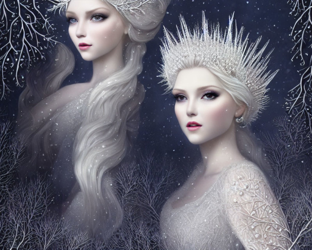 Ethereal women with silver hair in mystical night scene