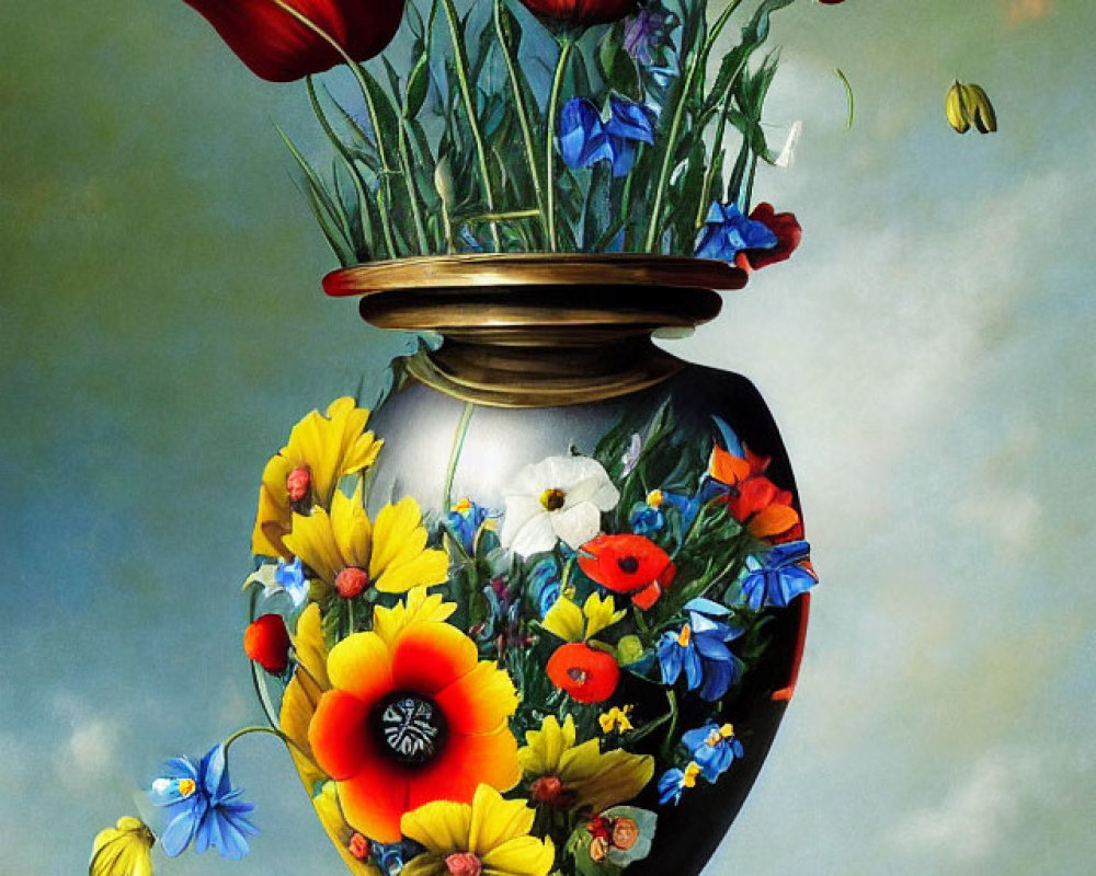Vibrant Flower-filled Vase with Butterfly and Bee on Sky-like Background